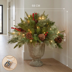 Weihnachtsgesteck beleuchtet mit Tannenzapfen & Beeren, Dreibein-Stab, 45 x 68 cm
