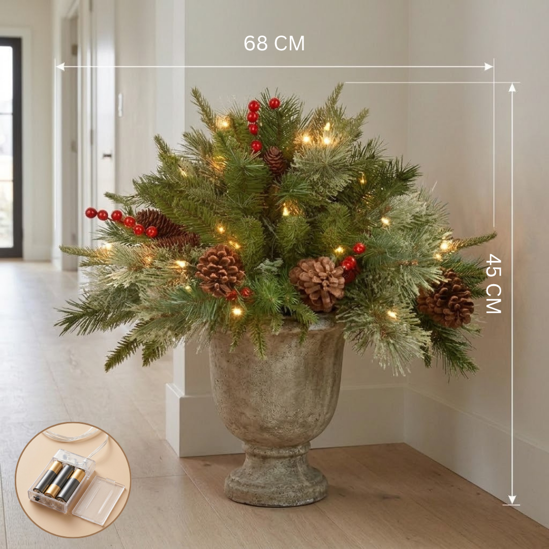 Weihnachtsgesteck beleuchtet mit Tannenzapfen & Beeren, Dreibein-Stab, 45 x 68 cm