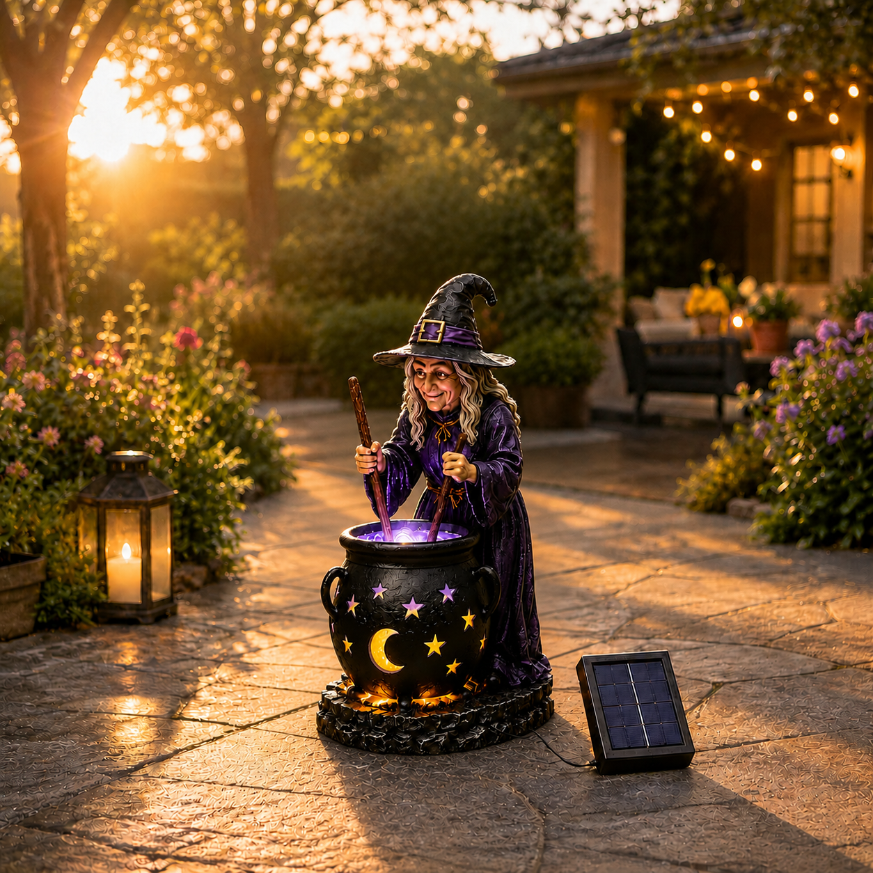 Solar-Gartenleuchte Hexenkessel für Halloween-Deko