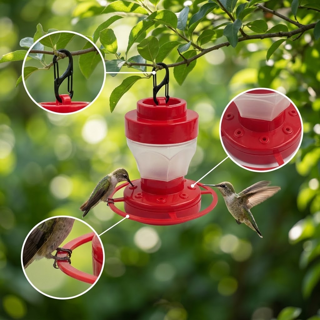 Kolibri-Futterspender mit 8 Futterstellen, Sitzring und Karabinerhaken, 9,8 cm