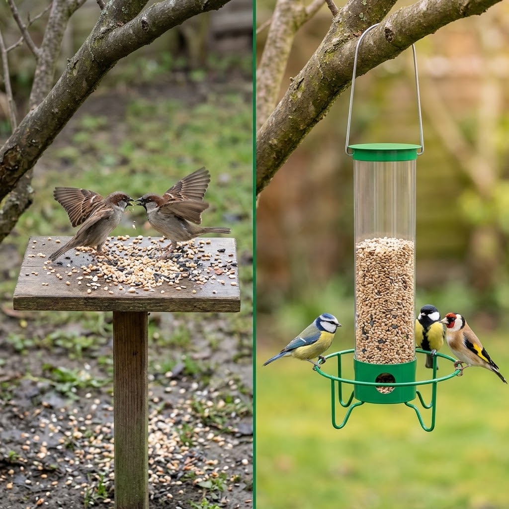 Futtersäule für Wildvögel mit Sitzring und transparenter Röhre