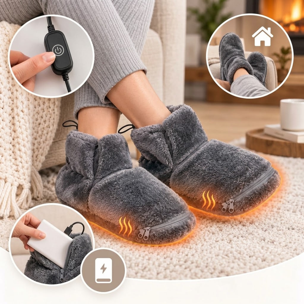 USB-Heizpantoffeln aus Plüsch, beheizte Sohle, 5 Stufen bis ca. 65 °C, Einheitsgröße 40–43