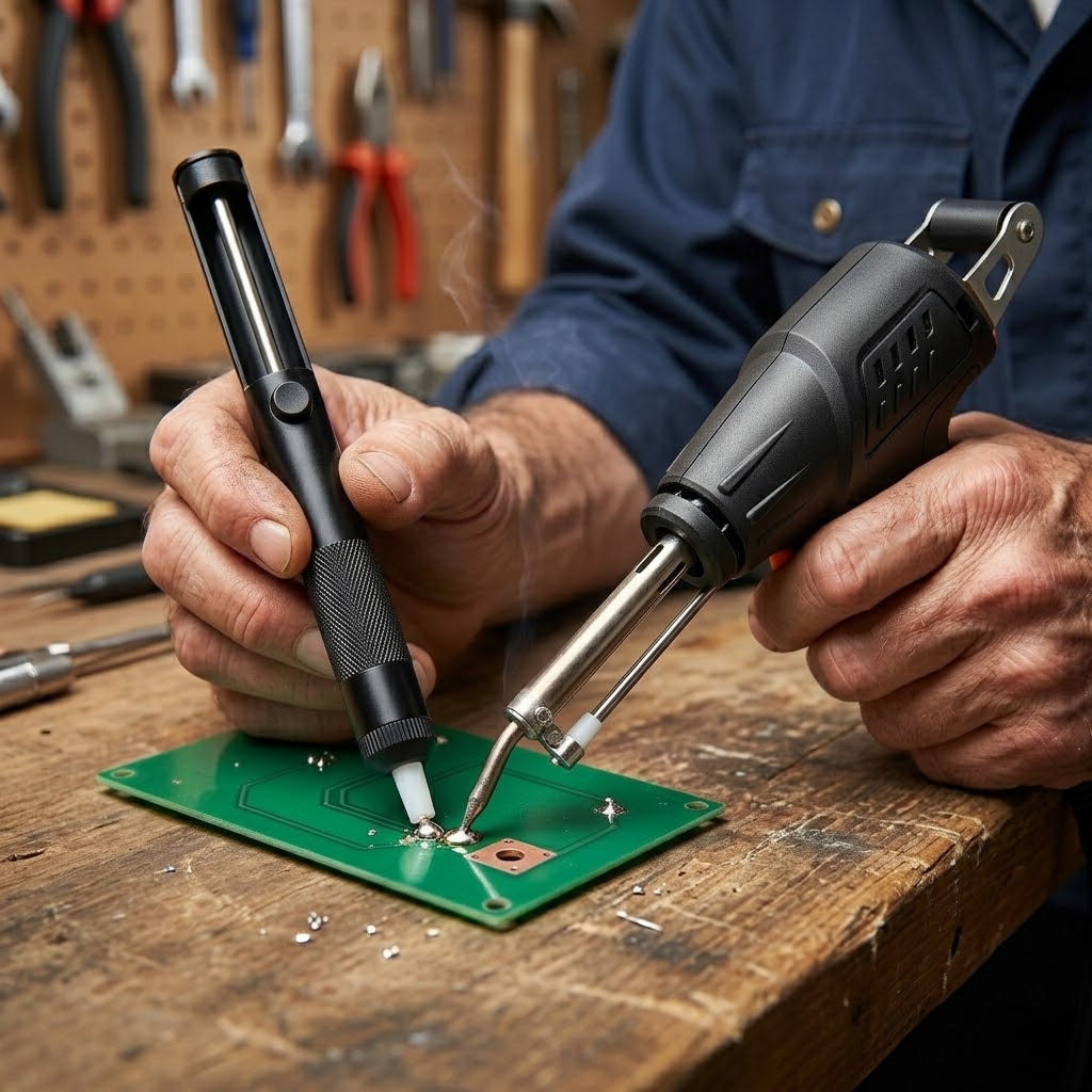 Soldering gun with automatic solder wire feed - Complete set with soldering stand, desoldering pump & solder