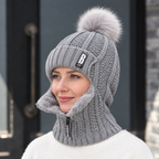 Knitted hat with scarf and fur pom-pom – Windproof for cold days