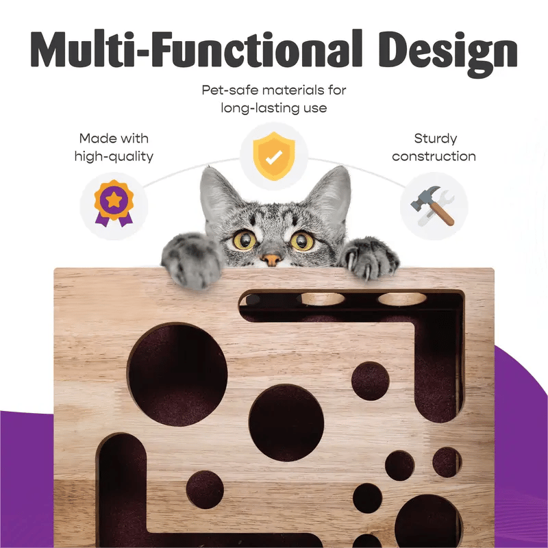 Wooden cat puzzle box – Activity with treats & natural claw care