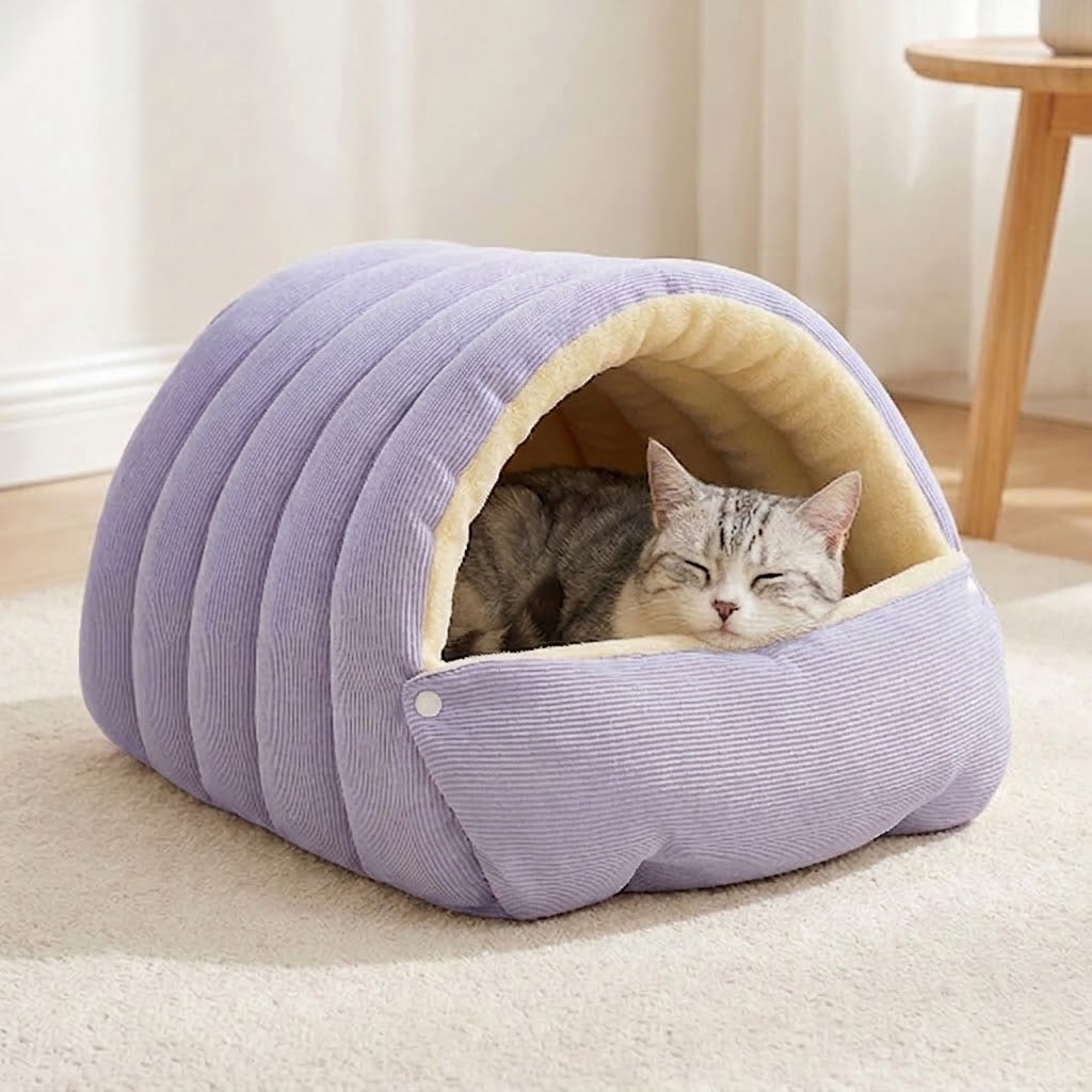 Kuschelhöhle mit Kuppeldach für kleine Hunde & Katzen – Plüsch innen, Cord-Optik außen, 2 Größen