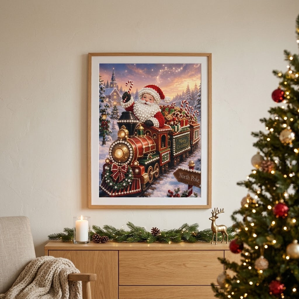 Christmas Diamond Painting with Beads, Santa Claus on a Train, 30 × 40 cm