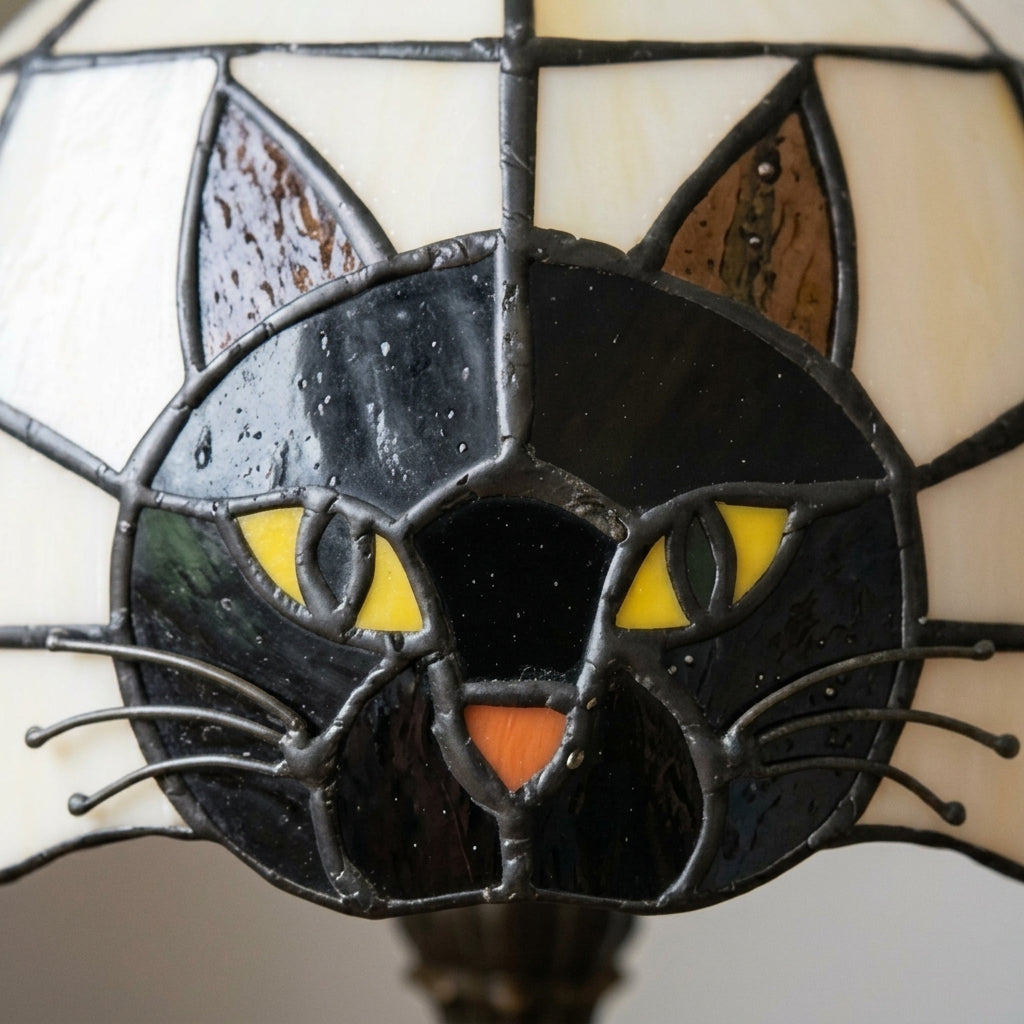 Tischlampe Buntglas mit Katzenmotiv – Tiffany-Stil