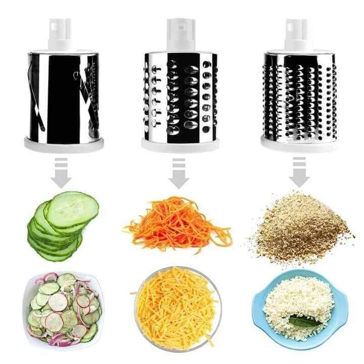 Rotary vegetable slicer with 3 stainless steel drums