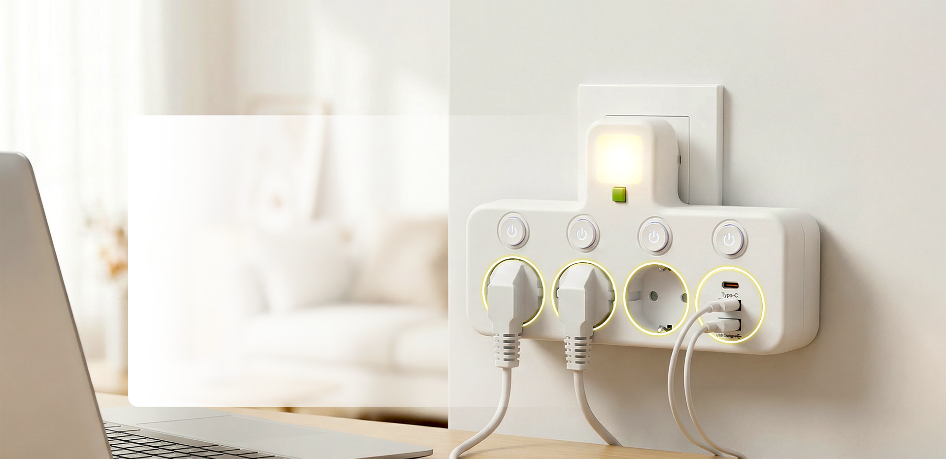 Steckdosenleiste mit USB-A, USB-C und integriertem Nachtlicht
