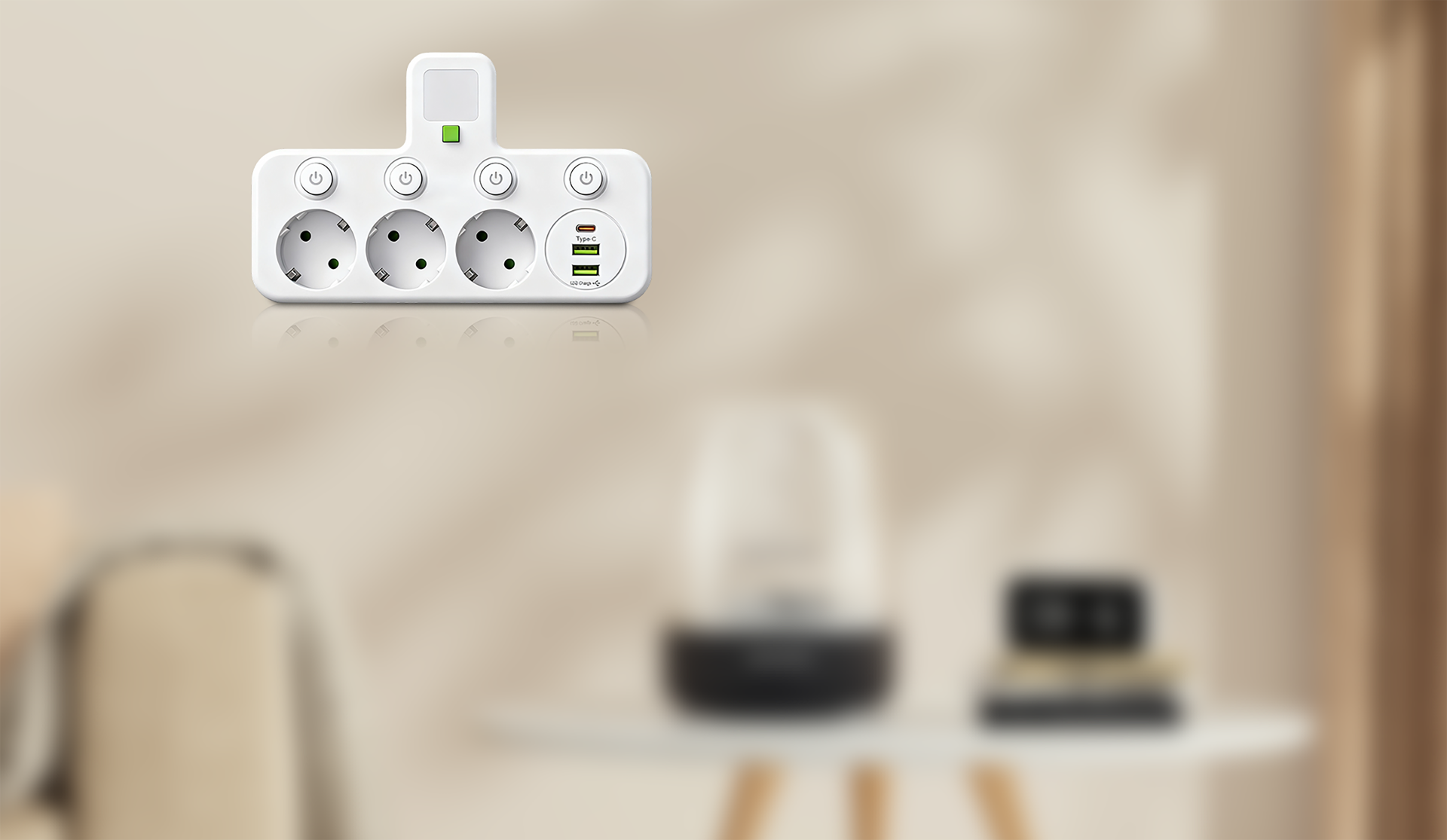 Steckdosenleiste mit USB-A, USB-C und integriertem Nachtlicht