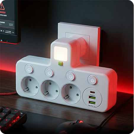 Steckdosenleiste mit USB-A, USB-C und integriertem Nachtlicht