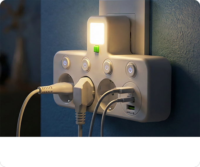 Steckdosenleiste mit USB-A, USB-C und integriertem Nachtlicht