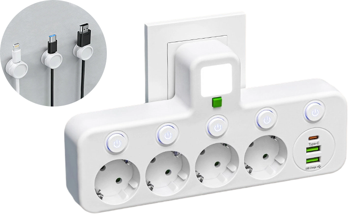Steckdosenleiste mit USB-A, USB-C und integriertem Nachtlicht