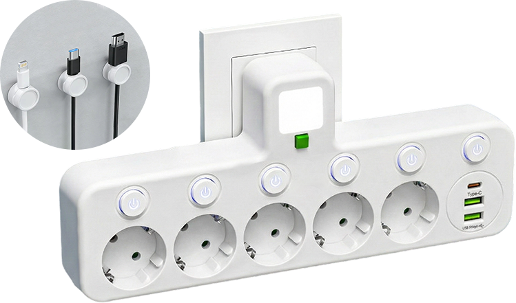 Steckdosenleiste mit USB-A, USB-C und integriertem Nachtlicht