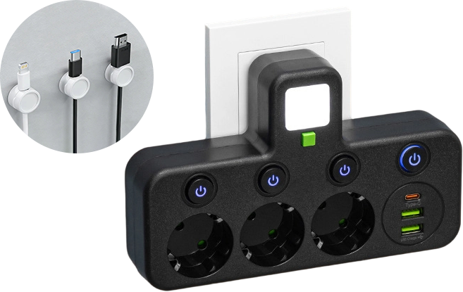 Steckdosenleiste mit USB-A, USB-C und integriertem Nachtlicht