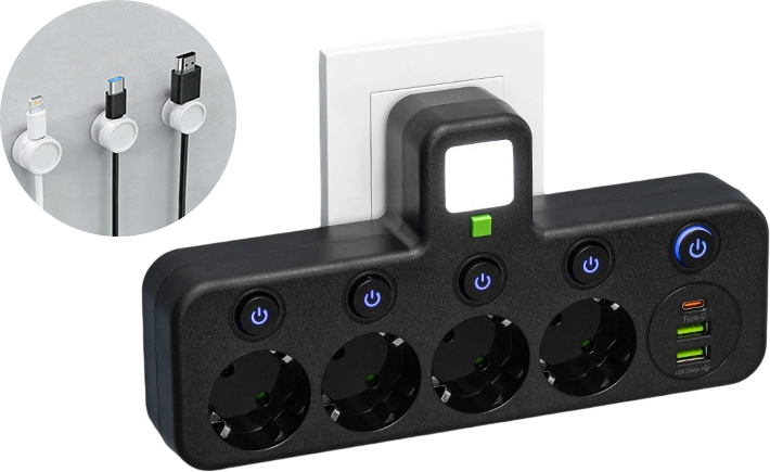 Steckdosenleiste mit USB-A, USB-C und integriertem Nachtlicht
