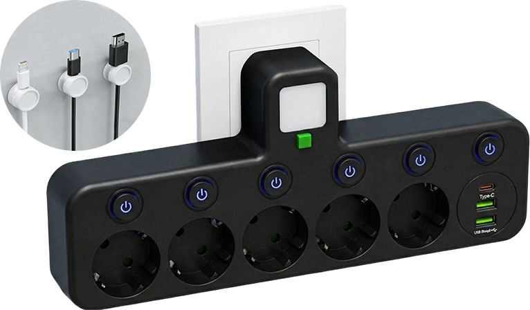 Steckdosenleiste mit USB-A, USB-C und integriertem Nachtlicht