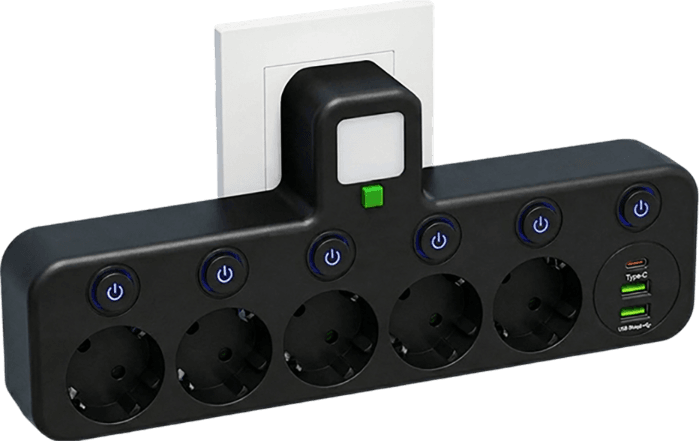 Steckdosenleiste mit USB-A, USB-C und integriertem Nachtlicht