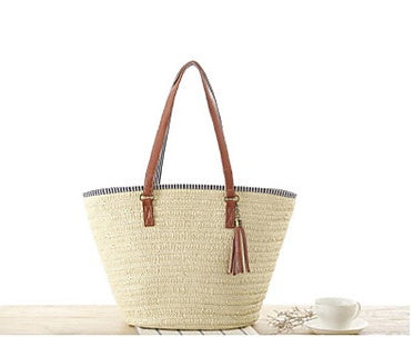 Woven Beach Bag with Leather Handle