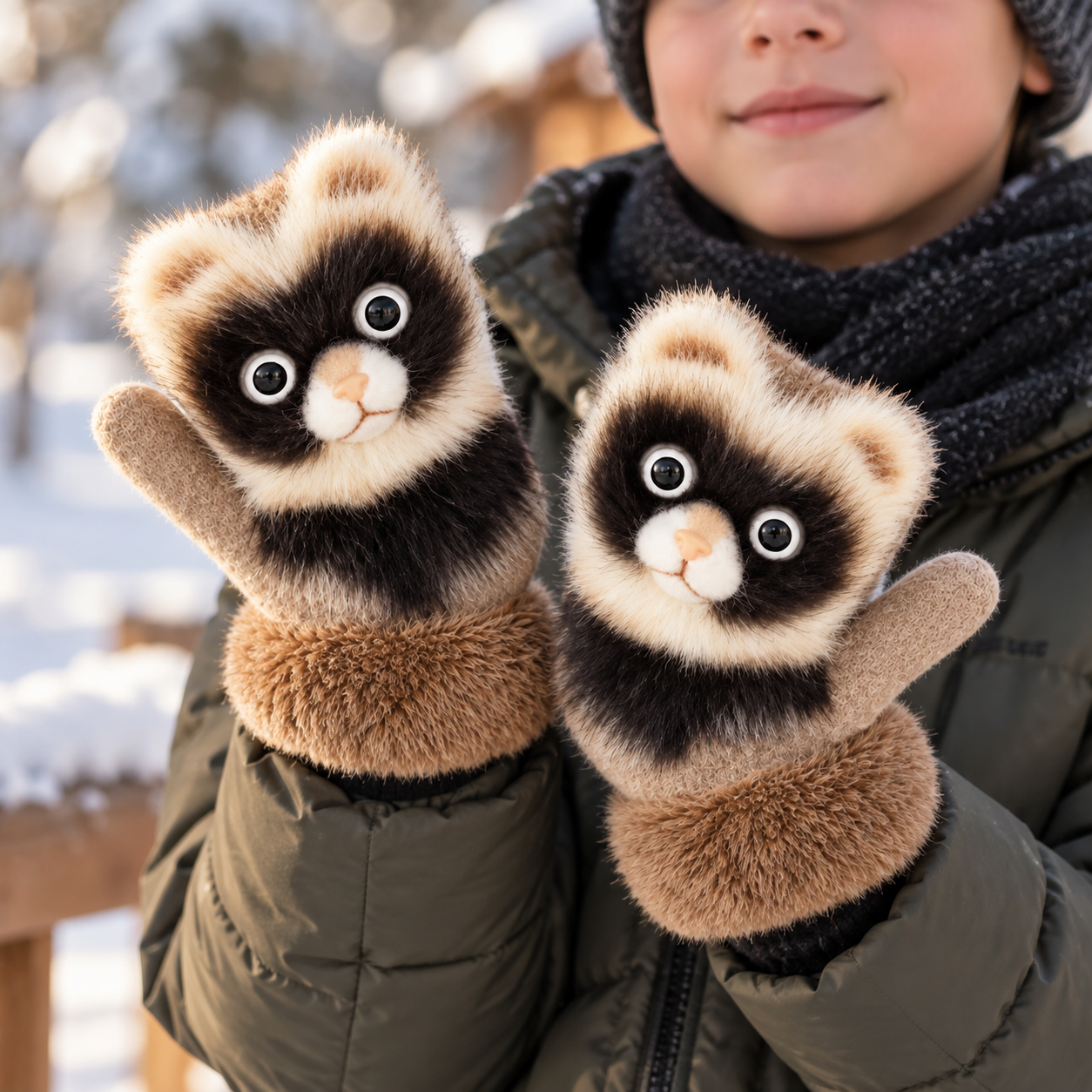 Fäustlinge Tiermotiv mit flauschigem Strickstoff