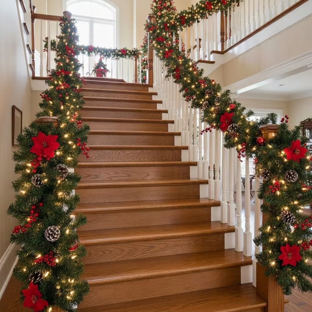 Christmas garland 2.7 m with fir branches, poinsettias & baubles