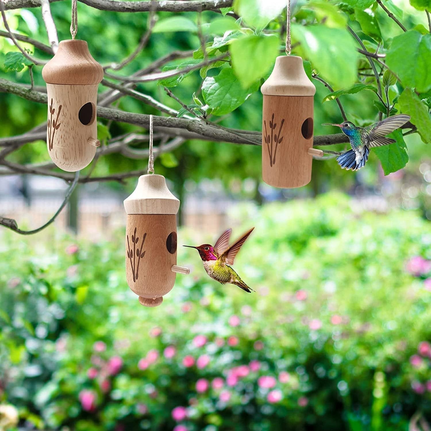Kolibri-Futterhaus Holz mit Naturmotiv – 13 cm hoch, wetterfest