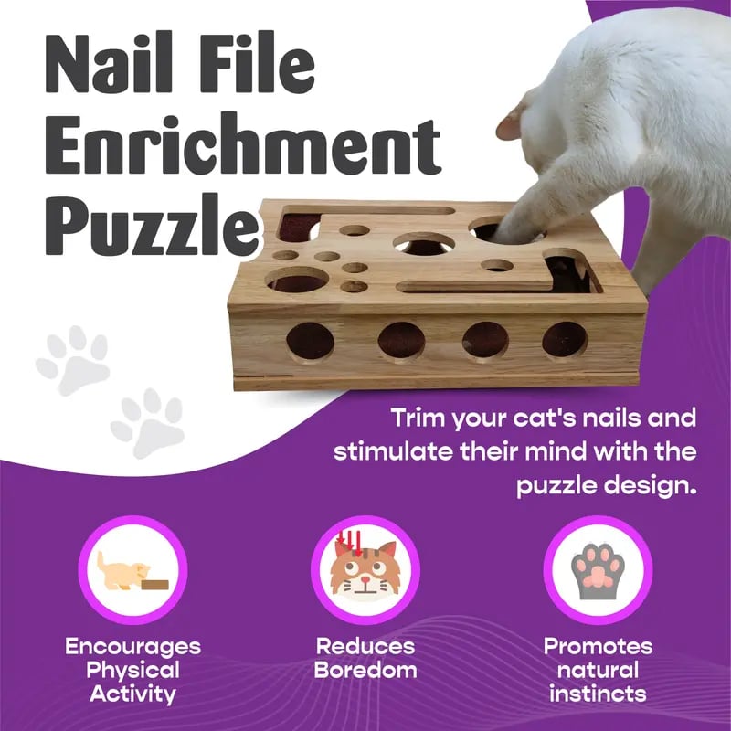 Wooden cat puzzle box – Activity with treats & natural claw care