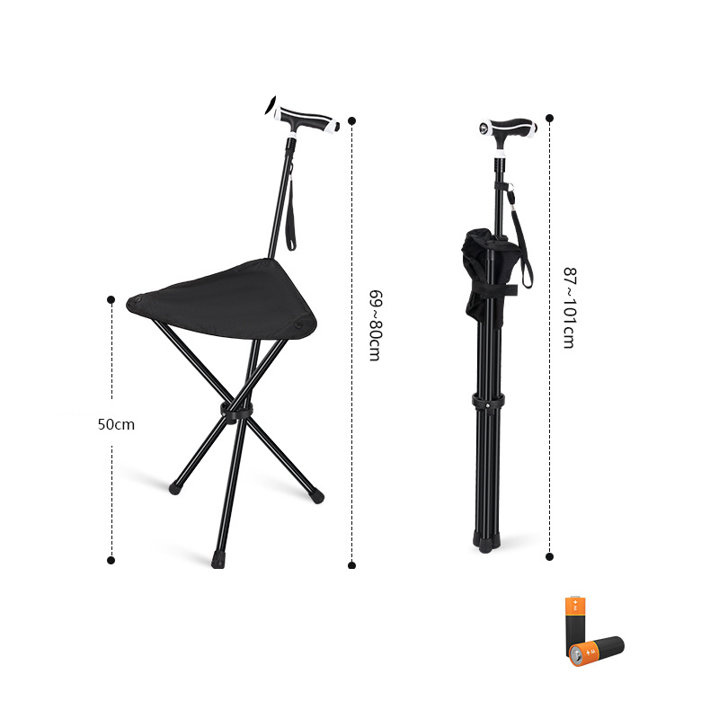 Walking stick with seat function – height adjustable, foldable