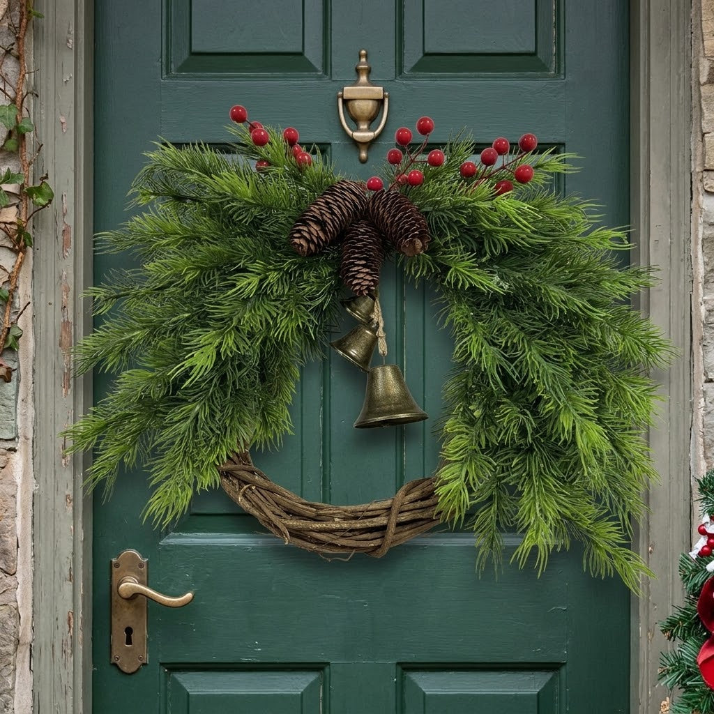 Country-style Christmas wreath with pinecones, berries, and bells, approx. 45 cm