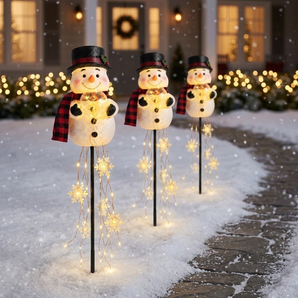 Solar snowman garden stake with light-up globe & snowflake string lights, warm white