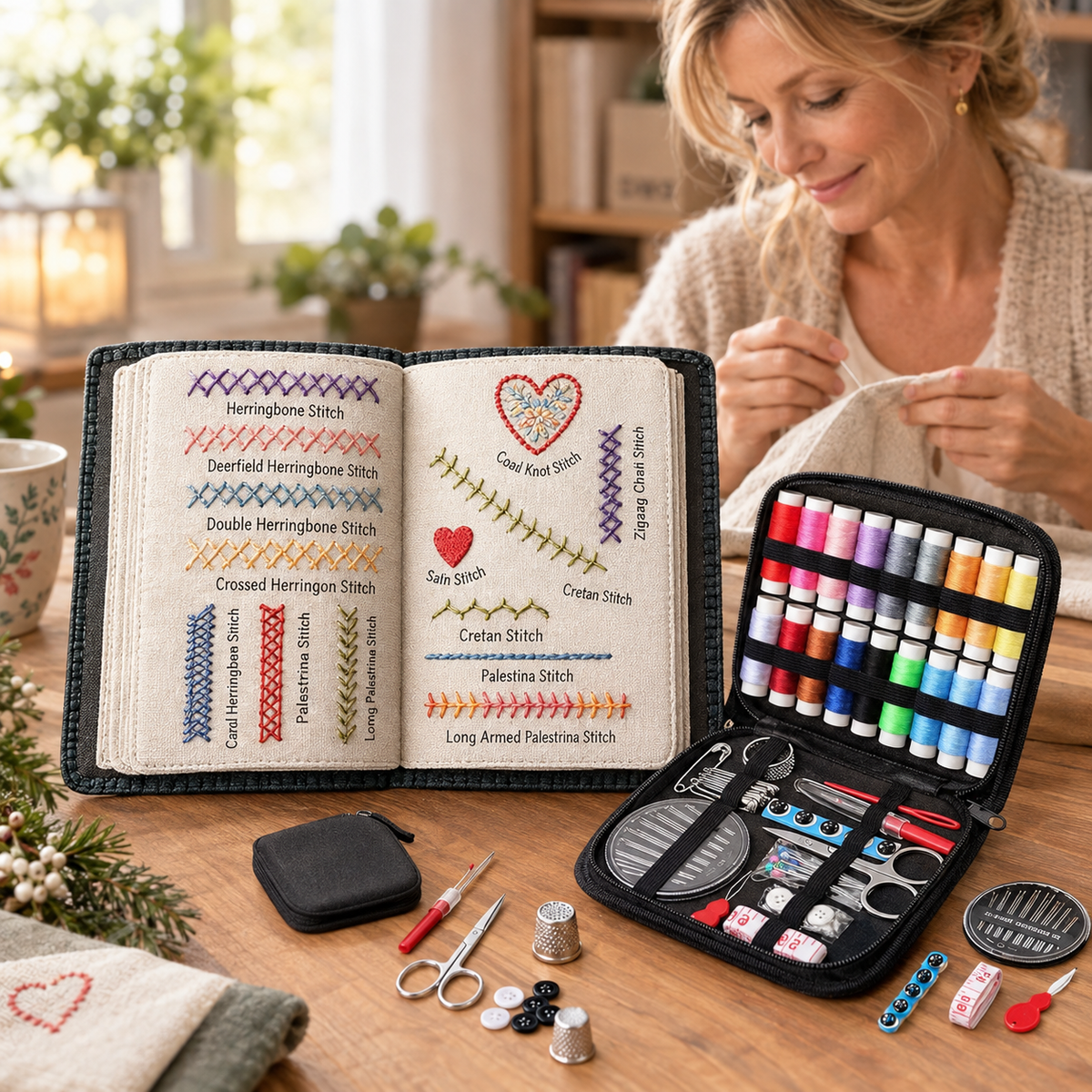 Linen embroidery book set with printed stitch names – incl. sewing case with scissors, needles and thread