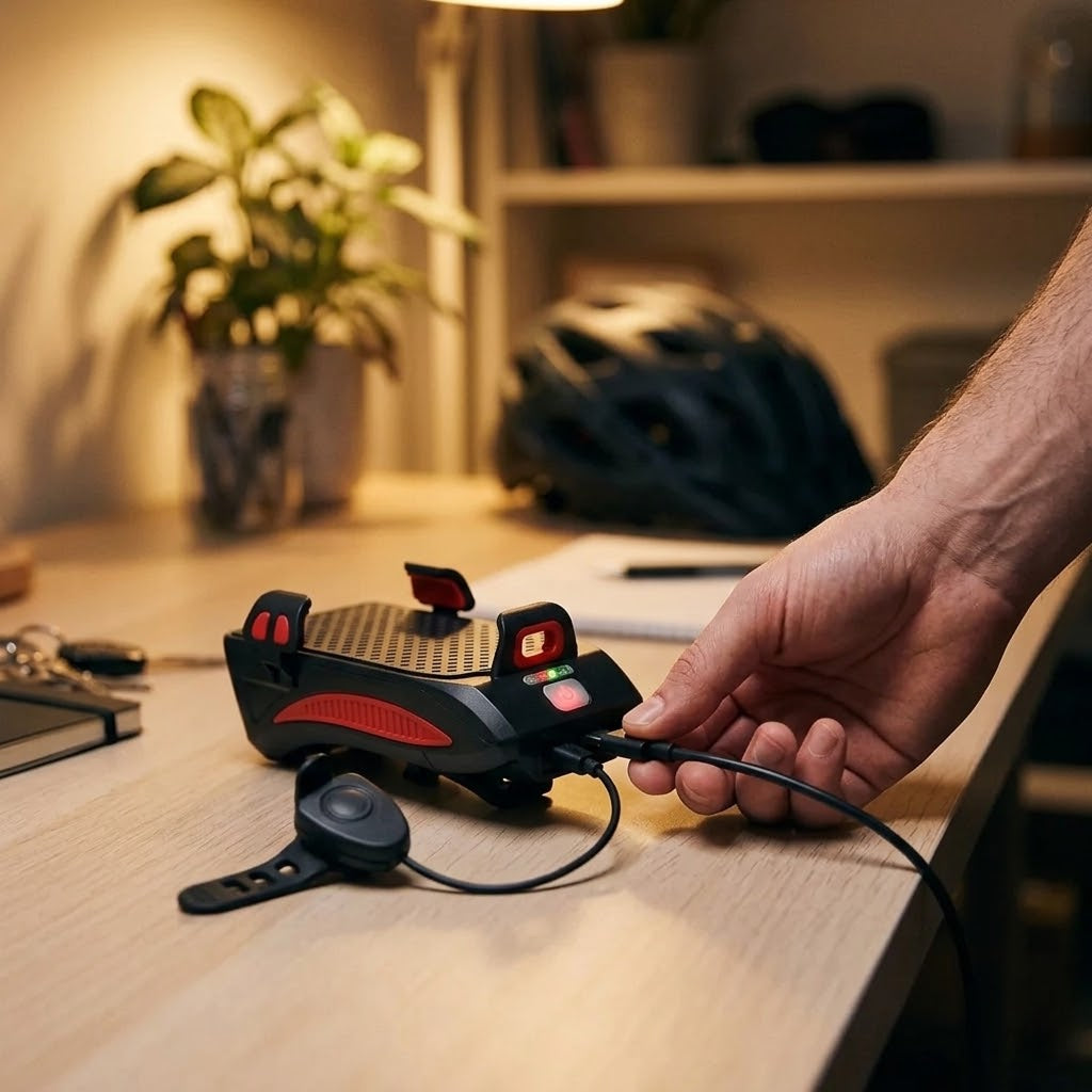 4-in-1 Fahrradlampe mit Handyhalterung, Powerbank und Hupe – USB aufladbar, IPX4