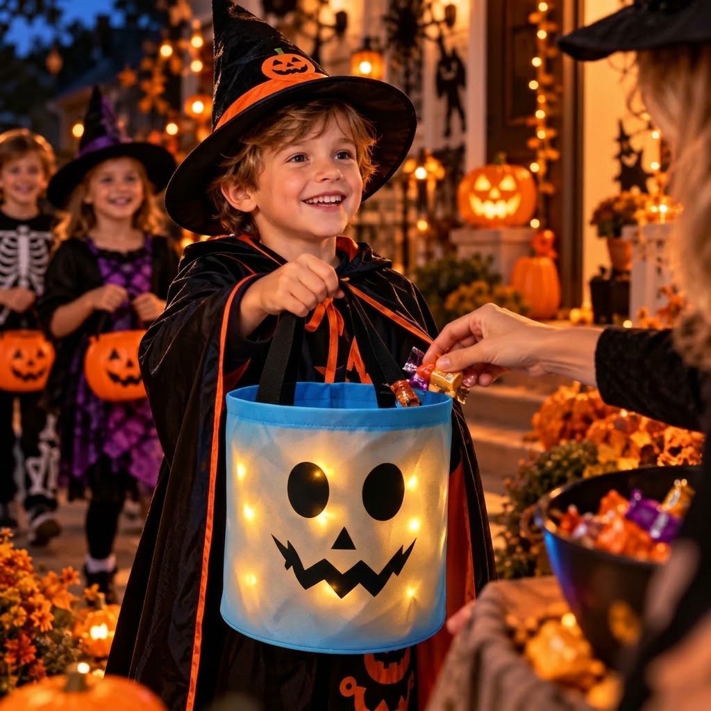 LED pumpkin basket for Halloween with handle