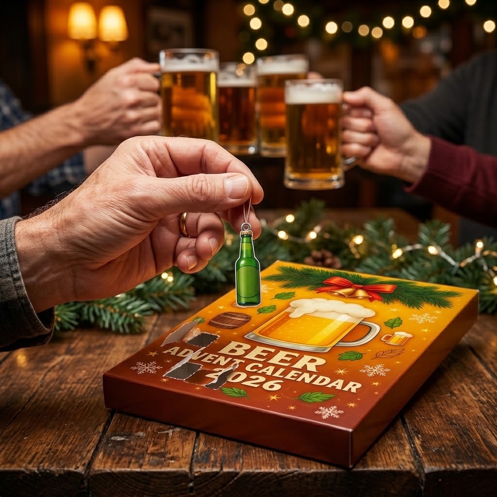 Beer Advent calendar 2026 with 24 flat beer bottle ornaments (approx. 3.9 cm), including hanging ribbons