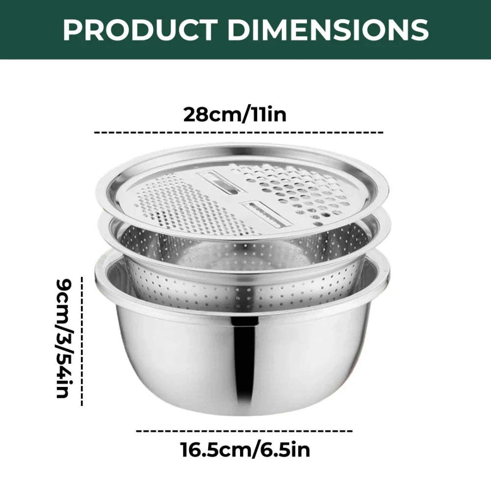 Stainless Steel Bowl Set with Grater and Sieve – 3 in 1
