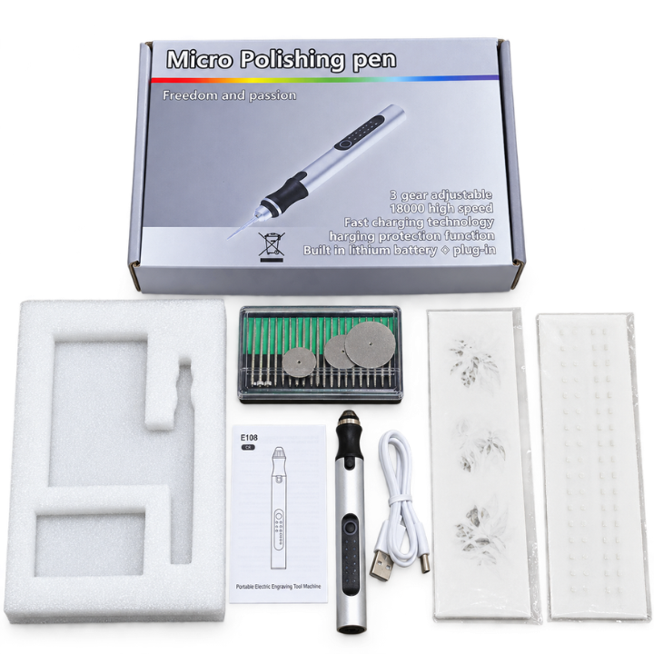Battery-powered engraving pen for wood and leather, 3 settings up to 18,000 rpm
