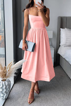 A-line midi dress with spaghetti straps and waist belt