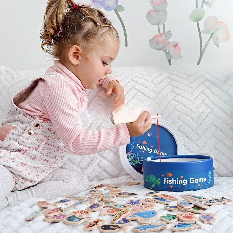 Wooden fishing game with magnetic fishing rod – 35 fish, motor skills development