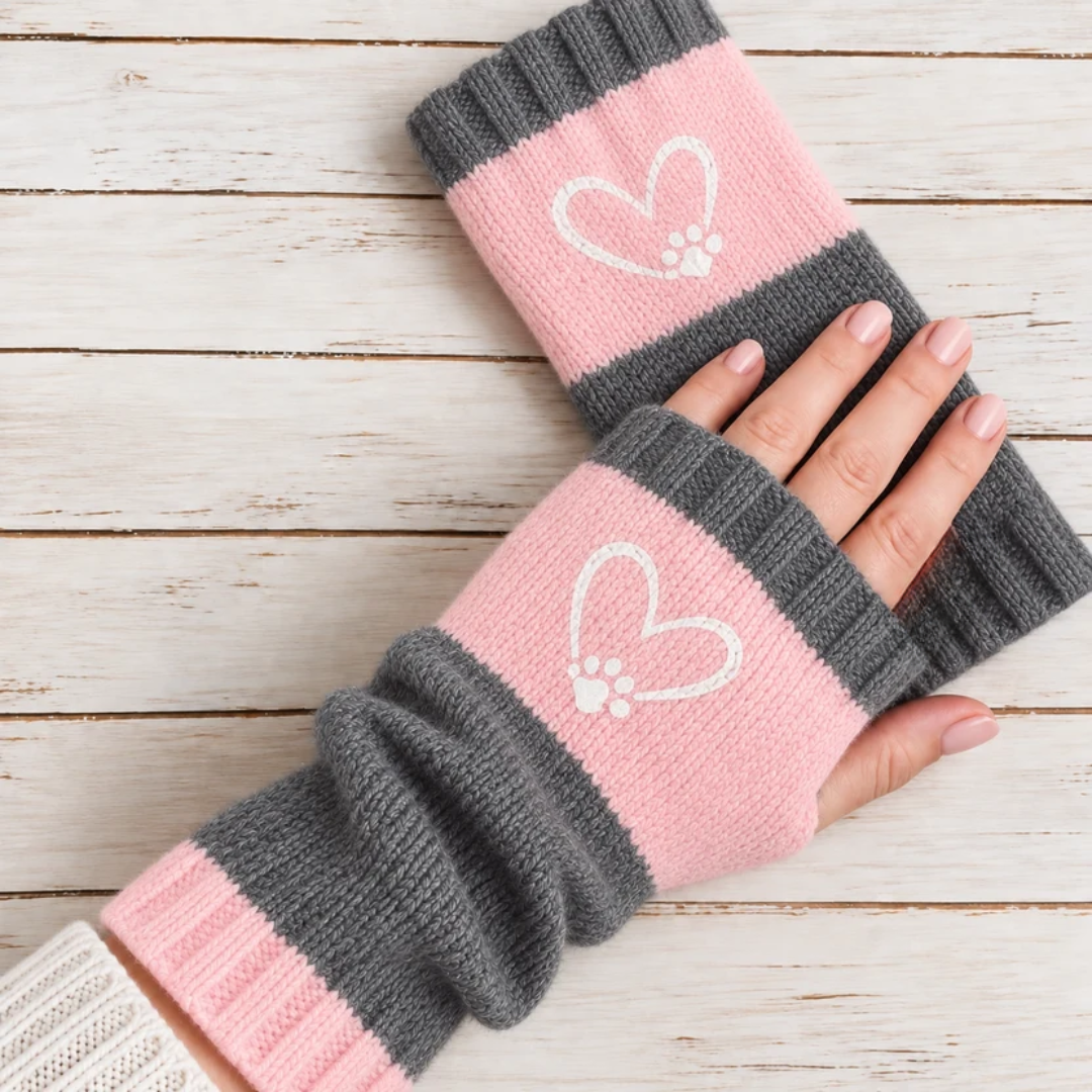 Strickhandschuhe fingerlos mit Herzmotiv