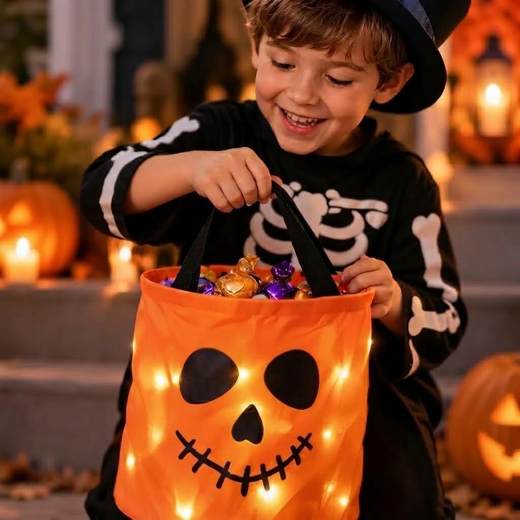 LED pumpkin basket for Halloween with handle