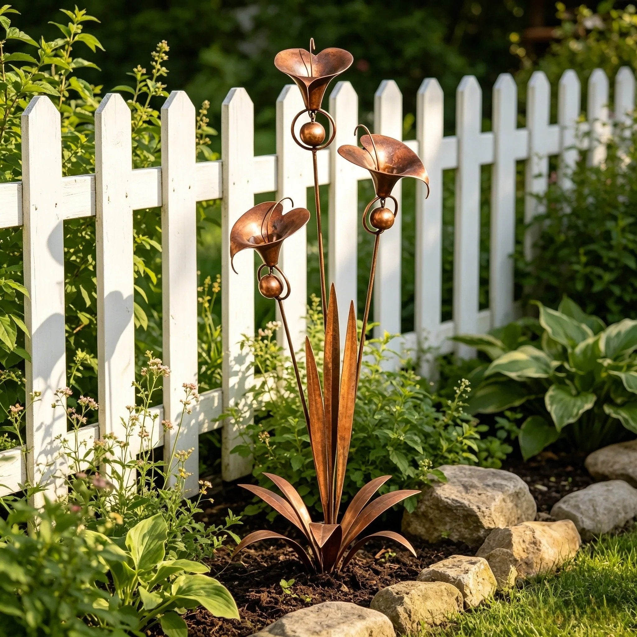 Gartenstecker Kupfer Calla-Lilien mit Glöckchen 61 cm hoch