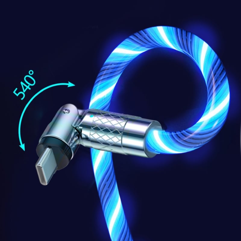 USB charging cable with 540° rotating connector and LED lighting