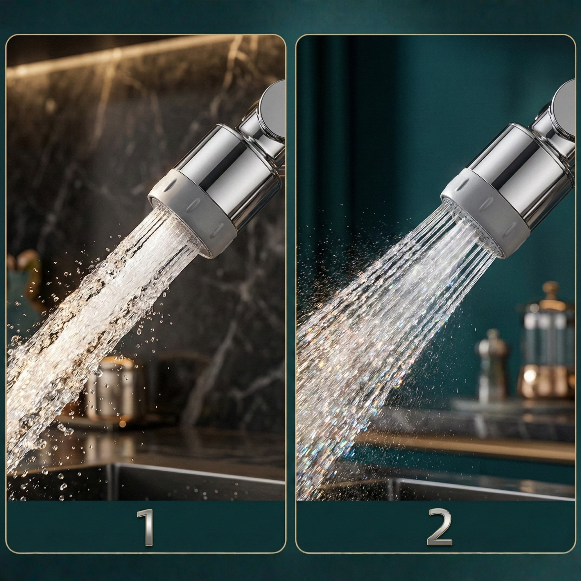 Wasserhahn-Aufsatz mit 1080° Schwenkfunktion und 2 Strahlarten
