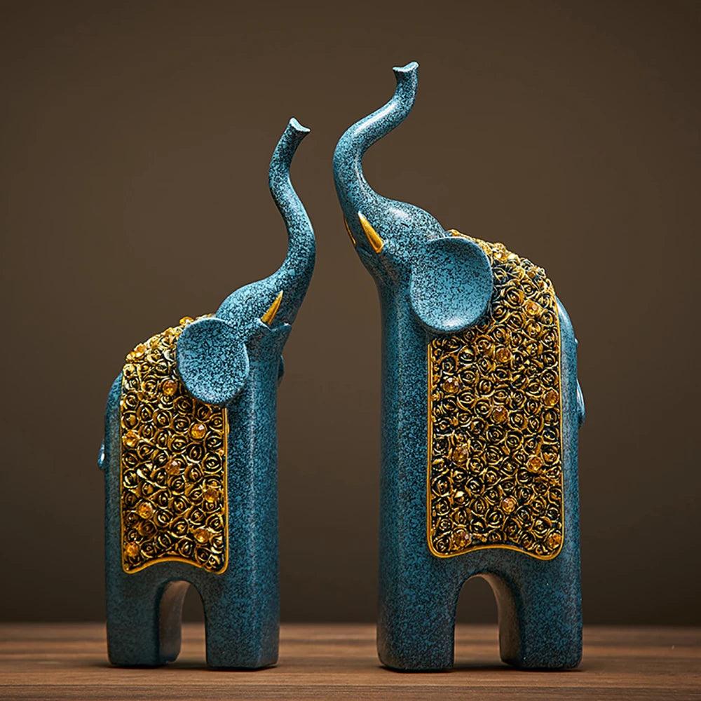 Elephant Decorative Figurine Set made of Resin with Gold Ornaments (Set of 2)