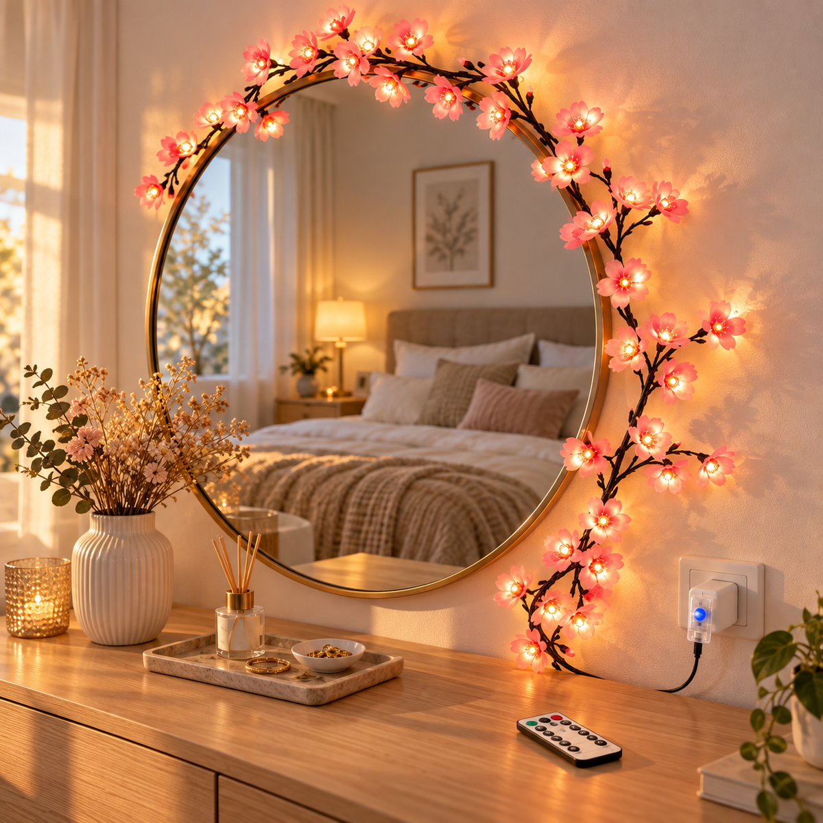 LED cherry blossom branch lights 1.6 m, 48 lights - warm white, with remote control