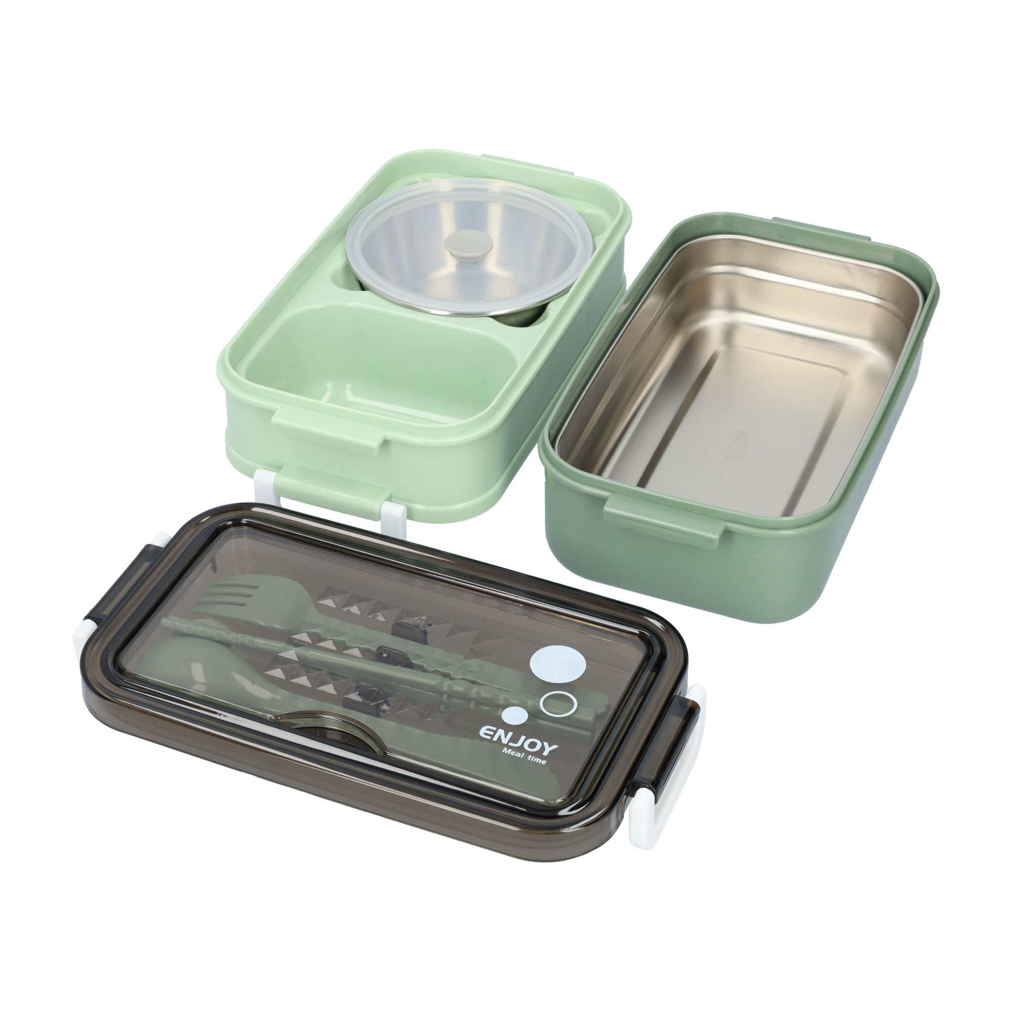 3-tier bread box with soup container and cutlery