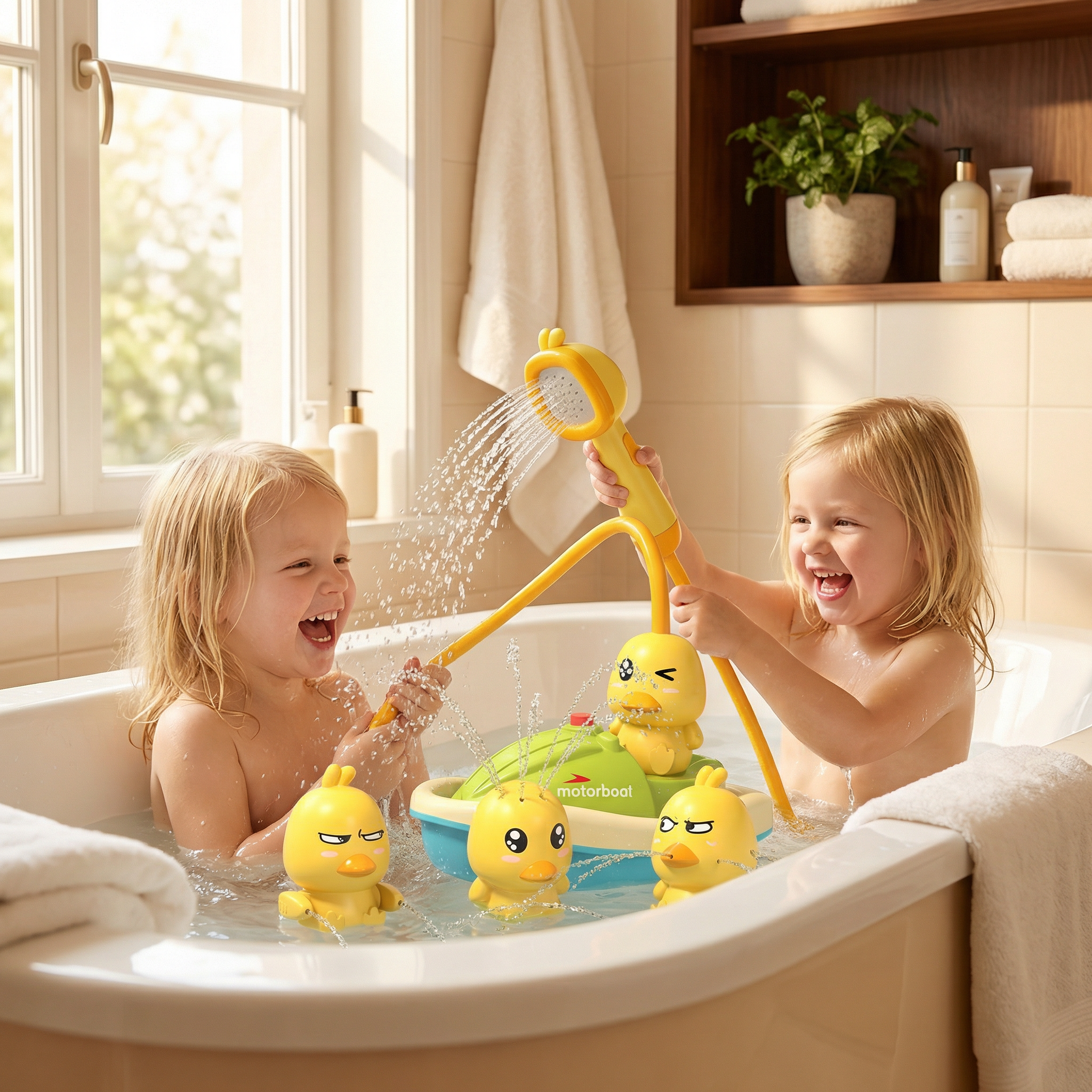 Bath toy boat with shower head – interactive water play