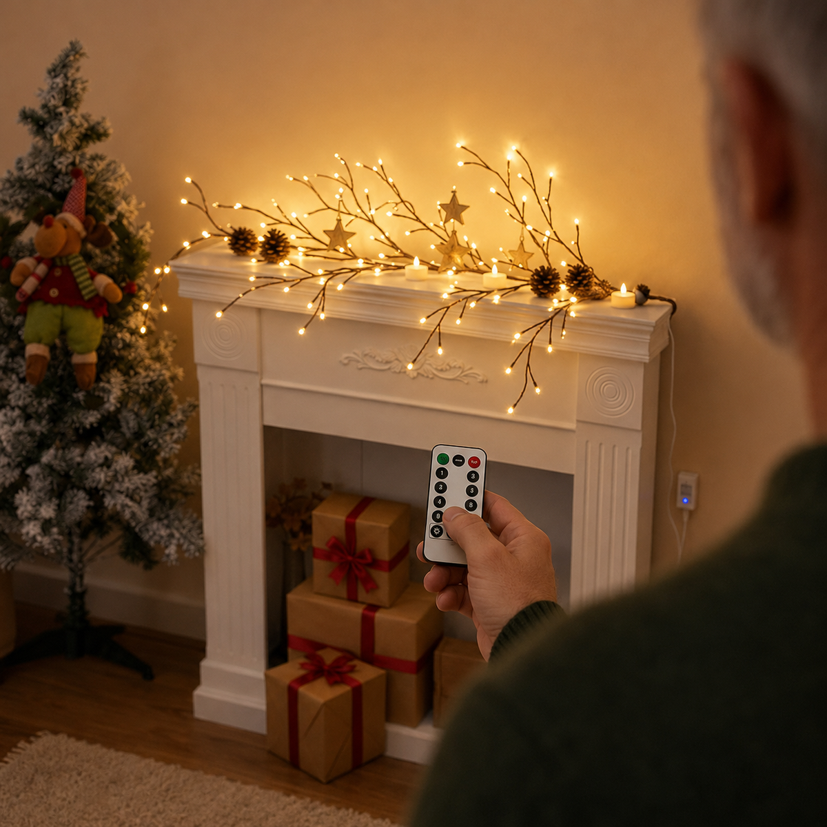 LED-Lichterzweig 160 cm, 72 LEDs warmweiß, USB-Betrieb & Fernbedienung – braun, Weidenoptik