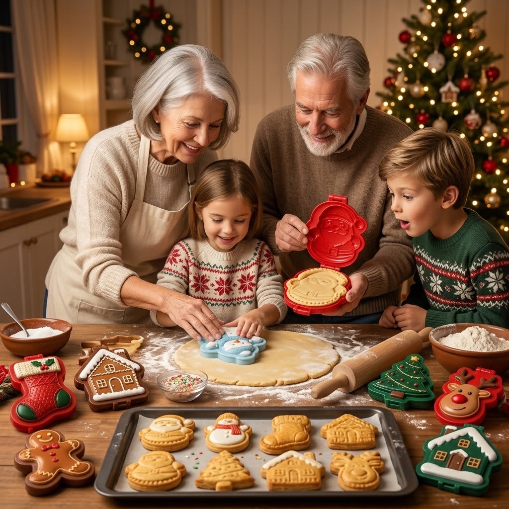 Christmas cookie & mini pie embossing mold with flip-open design - 3D motifs, 8 designs